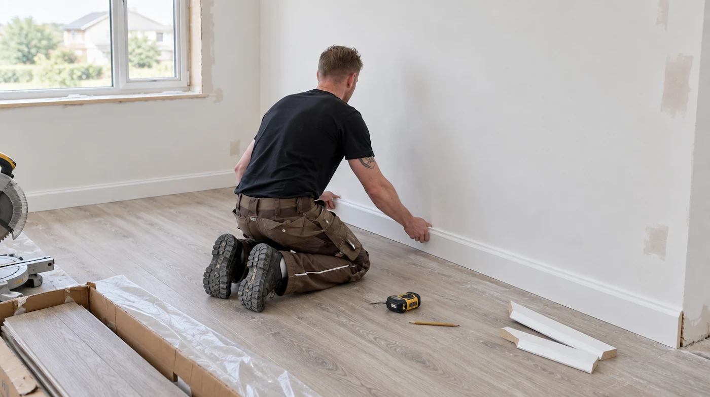 boden-verlegen Eine Person montiert weiße Sockelleisten auf einem Holzfußboden, umgeben von Werkzeugen, Bodenplatten und Baumaterialien.